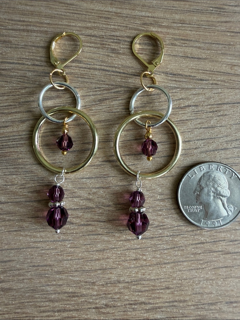 HAND CRAFTED AMETHYST SWAROVSKI CRYSTAL MIXED METAL DANGLE EARRINGS Dramatic - Picture 9 of 9